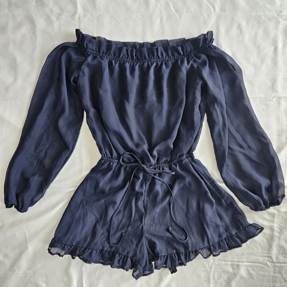 Lulus Womens M Romper Off Shoulder Blue Sheer Long Sleeves Ruffle Hem Lined
